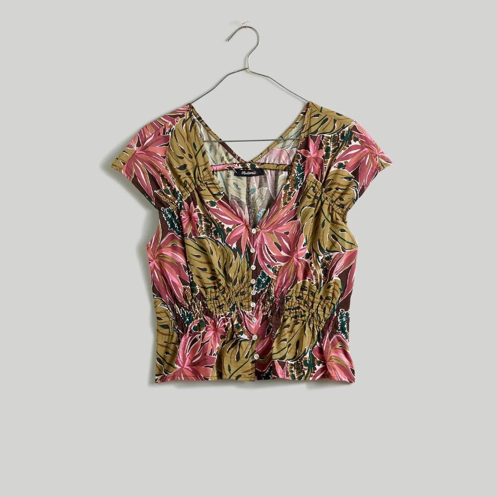 Madewell Shirred Cap-Sleeve Top in Brushstroke Monstera